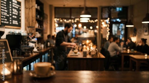 Blurred coffee shop interior background with barista working at a wooden bar and customers sitting at tables for hospitality and small business marketing ads
