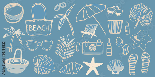 Summer vacation doodles beach accessories and tropical elements in blue