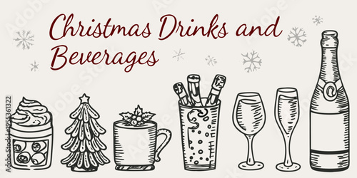 Festive christmas drinks and beverages illustrated in a vintage style