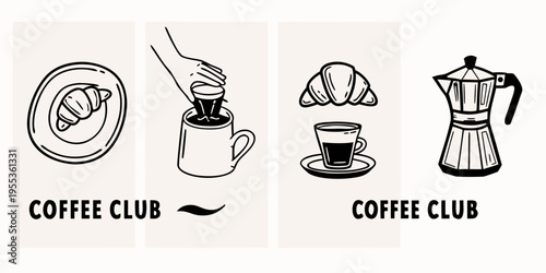 Coffee club illustration featuring pastries coffee and brewing equipment