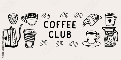 Doodle illustration of coffee croissants and related brewing items
