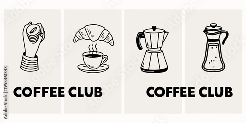 A collection of hand drawn coffee related items and text labels