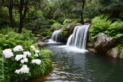 Tranquil garden with stream and cascading waterfalls