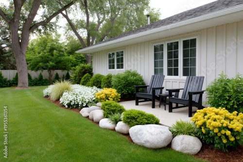 Backyard patio with adirondack chairs, lush landscaping, and green lawn