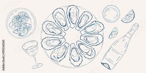 A sketch of fresh oysters on ice with wine and lemon wedges
