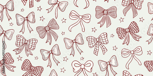 Seamless pattern of hand drawn bows and stars in reddish brown tones