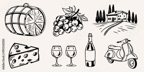 Italian themed sketch featuring wine cheese and countryside elements