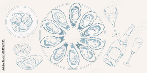 A sketch of oysters on the half shell with champagne and condiments