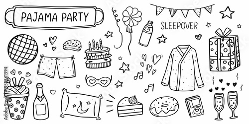 A whimsical doodle illustration of items related to a pajama party