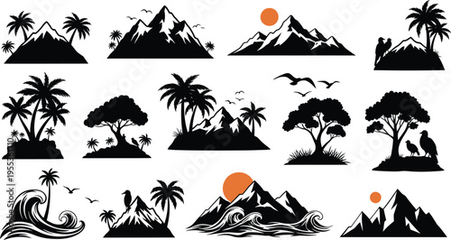 Tropical island silhouettes isolated on transparent background