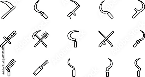 Farming tools icons set with sickle scythe and rake minimal line art vector illustration