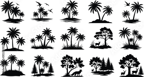 Collection of tropical palm tree silhouettes isolated on transparent background