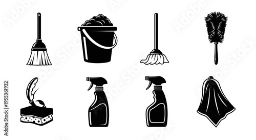 Cleaning Supplies Icons: Broom, Bucket, Mop, Duster, Sponge, Sprays, Cloth