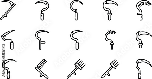 Sickle and rake farming tools icons set with harvest equipment line art vector illustration