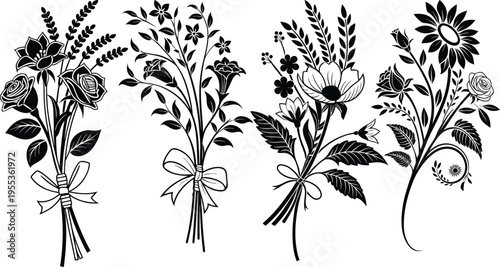 Vintage floral bouquets with ribbons and stems illustration