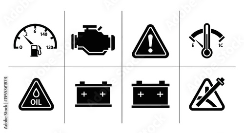 Car Dashboard Warning Lights Icons Set, Vehicle Alert Symbols Collection