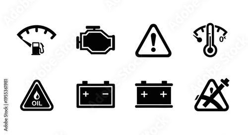 Car Dashboard Warning Lights Icons Set: Engine, Oil, Battery, Fuel, Temperature, Seatbelt
