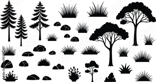 Silhouette of trees and bushes isolated on transparent background