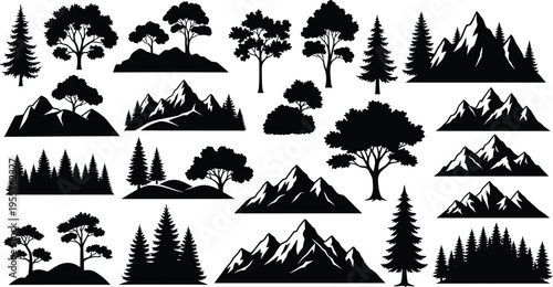 Collection of mountain and tree silhouettes isolated on transparent background