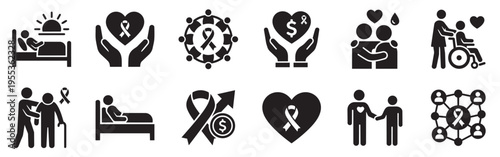 Cancer awareness and patient support solid icon set for healthcare caregiving donation and community help symbol collection
