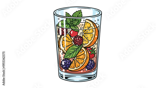 Refreshing Fruit Infused Water Drink with Berries and Mint - Summer Beverage Illustration