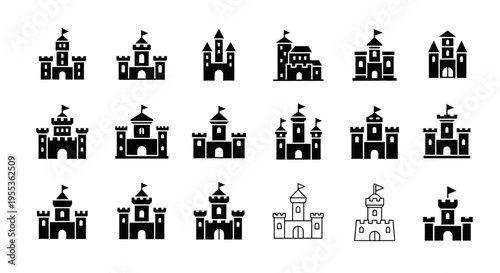 Castle Icons Collection: Fantasy Fortress Silhouettes, Medieval Architecture Symbols