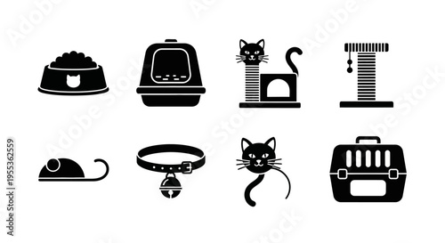 Cat Accessories and Icons: Food Bowl, Litter Box, Scratching Post, Toy, Collar, Carrier