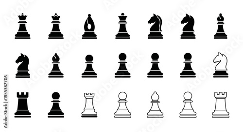 Chess Pieces Icons Set, Black and White Silhouettes, Vector Graphics