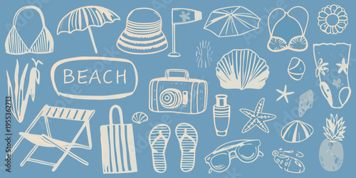 Summer beach doodles featuring swimwear accessories and tropical items