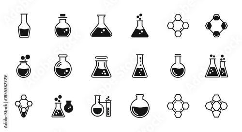 Chemistry Lab Equipment Icons: Beakers, Flasks, Molecules - Science & Research Vector Set