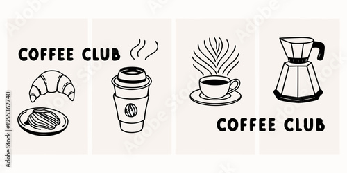 A collection of hand drawn coffee and pastry related illustrations