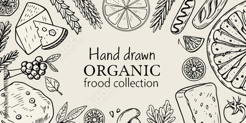 Hand drawn organic food collection featuring fruits cheese and grains