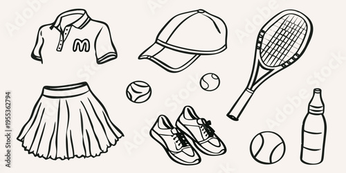 A collection of sketched sports equipment and clothing items