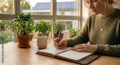 Woman writing in a leather-bound journal on a wooden table, morning mindfulness routine, creative writing and mental health concept.