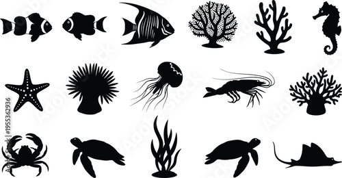 Silhouette of various sea creatures isolated on transparent background