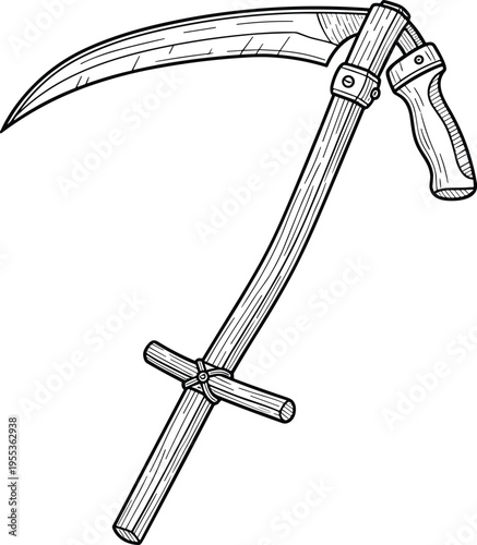 Vintage scythe illustration with curved blade and wooden handle detailed engraving vector