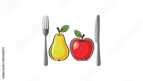 Healthy Food Choices: Apple & Pear with Fork and Knife, Nutrition Concept for Health Food Industry