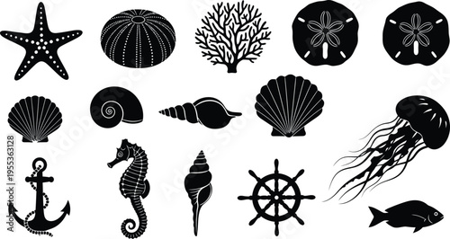 Silhouette of ocean creatures and nautical icons isolated on transparent background