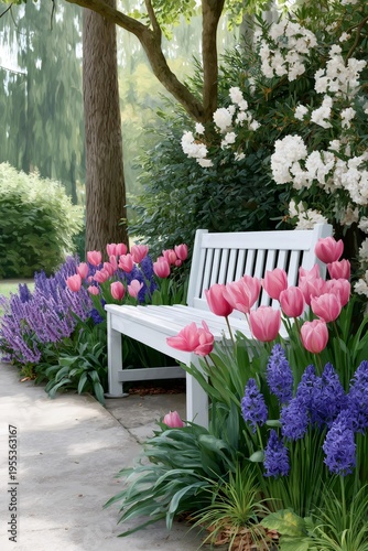 White bench surrounded by colorful tulips and hyacinths in garden