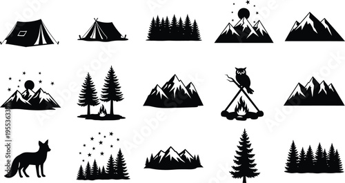 Silhouette camping icons isolated on transparent background