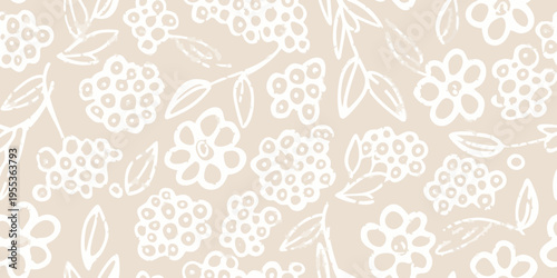 Delicate floral pattern with white berries and leaves on a beige background