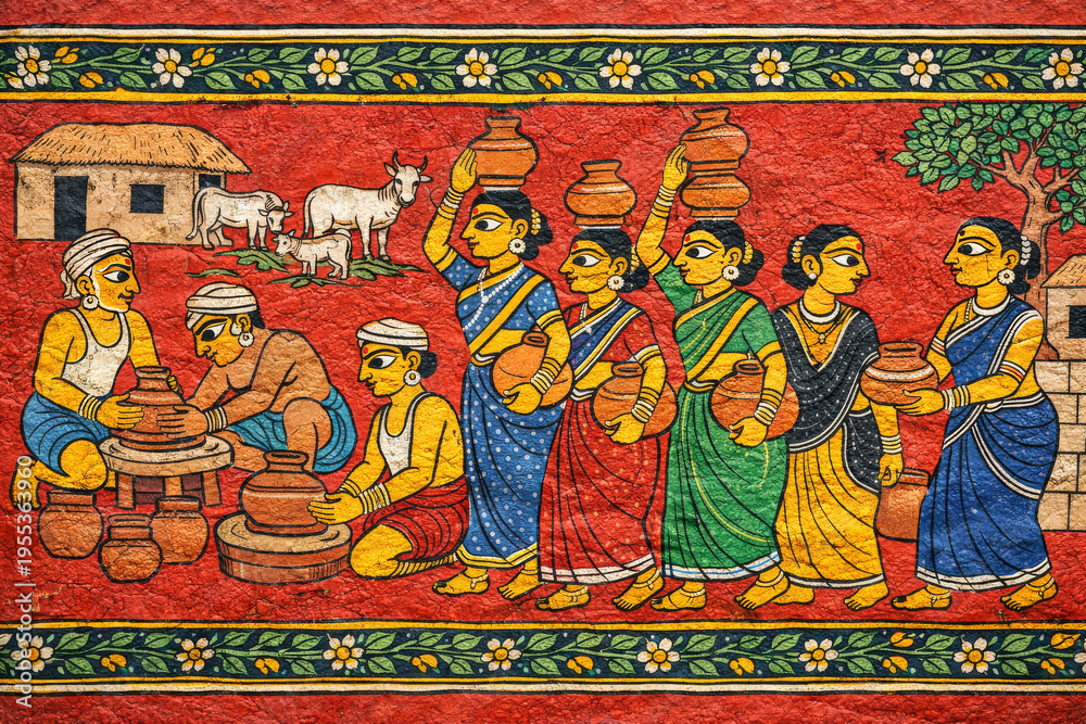 Fototapeta premium Authentic Traditional Cheriyal Scroll Painting of Village Artisans on Treated Khadi Canvas