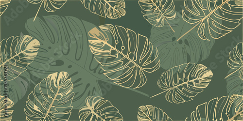 Elegant tropical monstera leaf pattern with golden line work on dark green