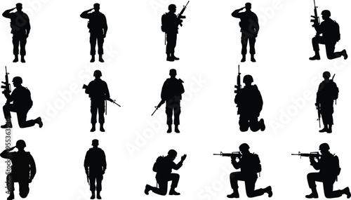 Silhouette of soldiers in various poses isolated on transparent background