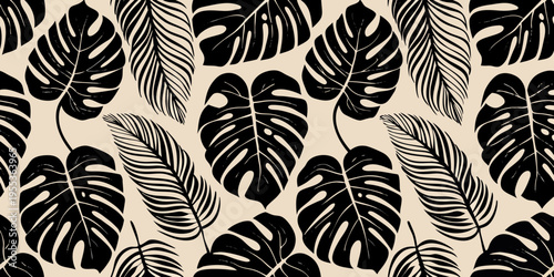Seamless pattern of black monstera leaves on a light beige background