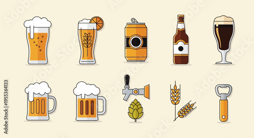 Set of Beer Icons with Glasses, Bottles, Cans, and Brewing Equipment