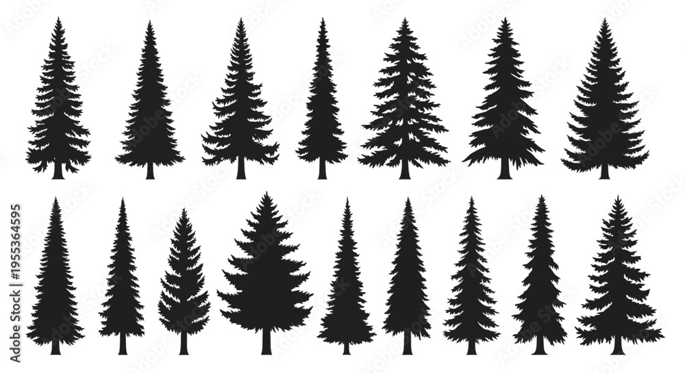 Obraz premium Collection of black pine tree silhouettes on white background for design and decoration