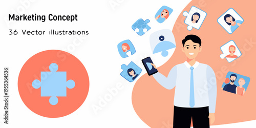 Man using a smartphone connected to marketing concepts and puzzle pieces