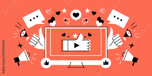 Social media engagement illustrated with a screen and positive reactions