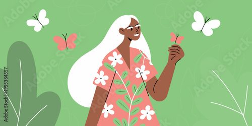 Woman with long white hair surrounded by butterflies and flowers